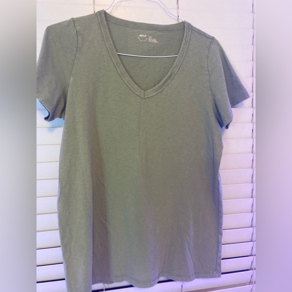 Aerie Basic V-Neck T-Shirt, size medium, in the color Faded Olive.